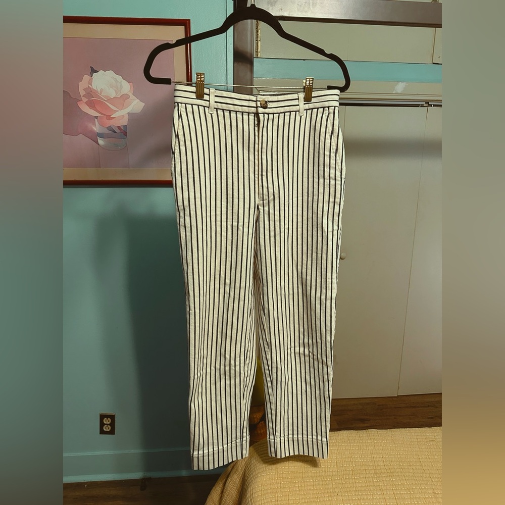 Madewell White Straight-Leg Pants with Black Vertical Stripes